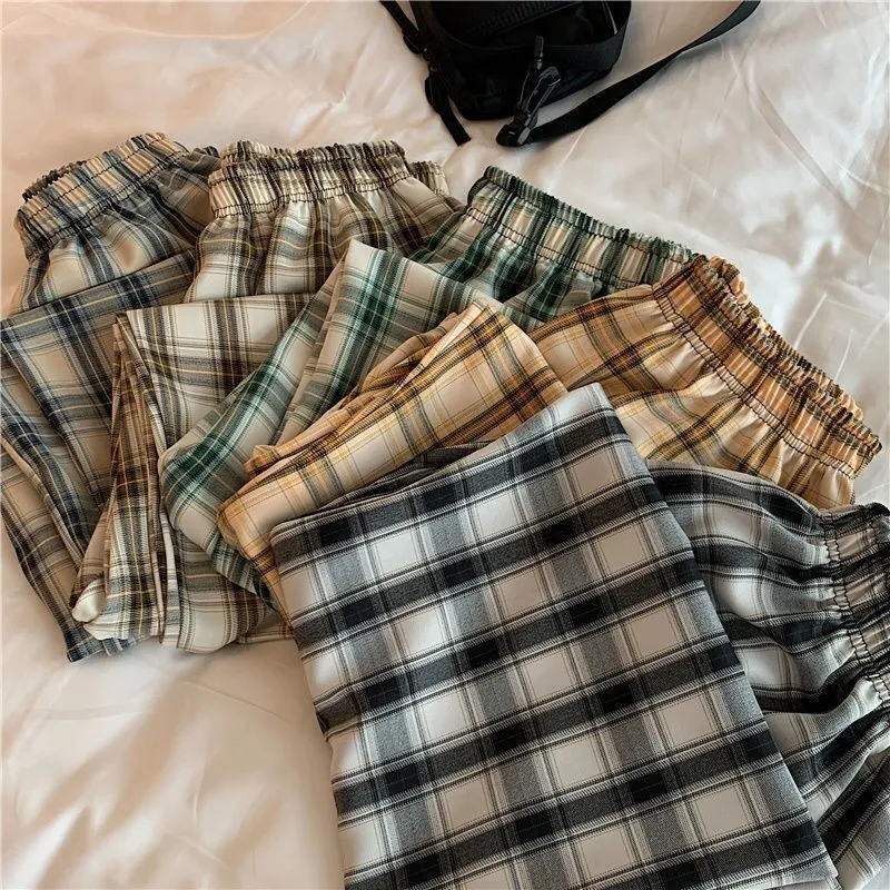 Vintage Plaid Frauen Hosen Hohe Taille Breite Bein Gerade Hose Lose Beiläufige Weibliche Hose Breite Bein Hose Mode Streetwear 220815