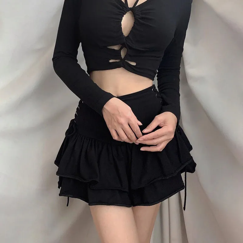 Retro solid color high waist sexy hollow summer black short skirt ruffled a-line woman s extreme mini micro 220322
