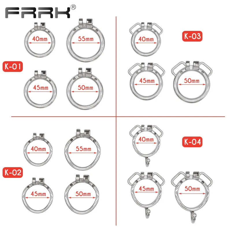 Anillos de pene de Metal FRRK K01 K02 K03 K04 para jaula de castidad FRRK, correa de bloqueo integrada, cinturón de PU de 40mm, 45mm, 50mm, 55mm, tienda de juguetes sexuales 220606