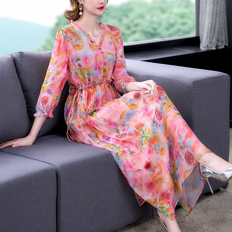 Femmes Boho imprimé fleuri en mousseline de soie robe mi-longue coréenne Vintage casual robe de soirée printemps été léger élégant plage robe d'été 220516