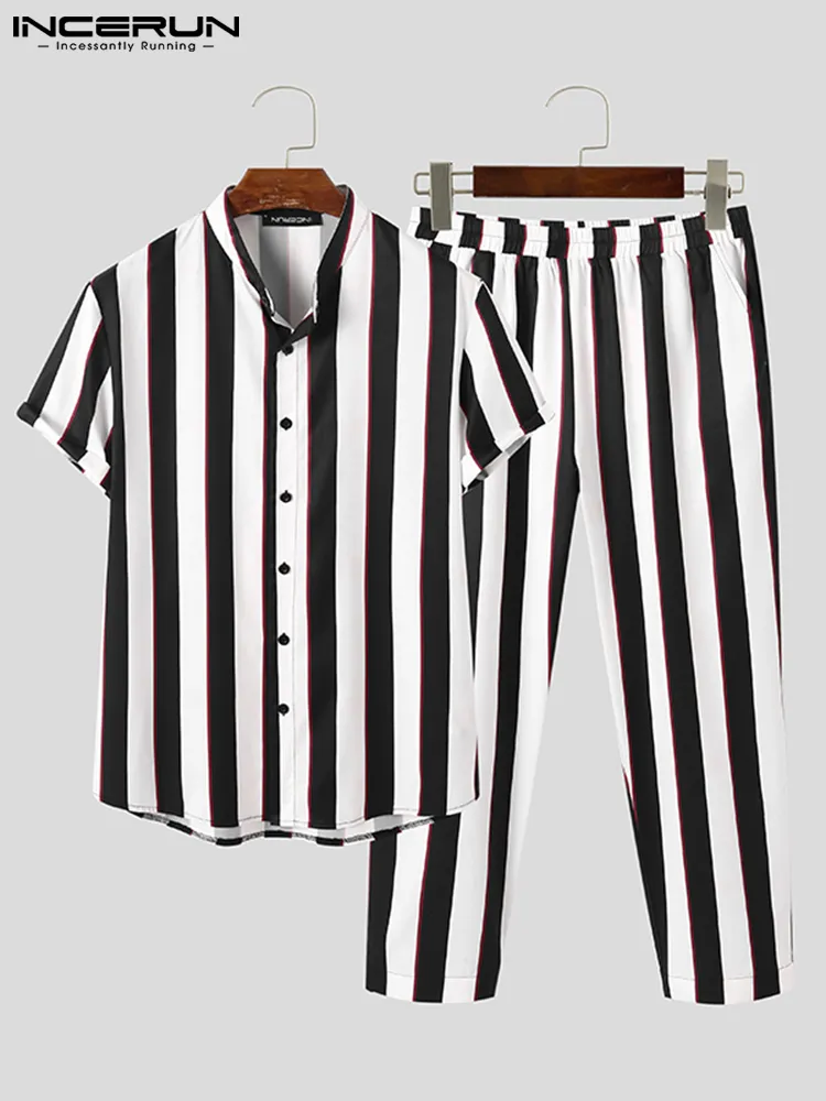 Hommes rayé ensembles Streetwear mode revers chemise à manches courtes pantalons longs deux pièces costumes décontractés amples S 5XL INCERUN 220719gx