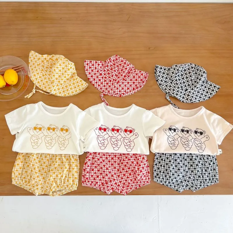 Summer Baby Short Sleeve Clothes Set Kids Girl Cute Bear Print T Shirt Shorts Hat Set Infant Boy Outfits Suit 220608