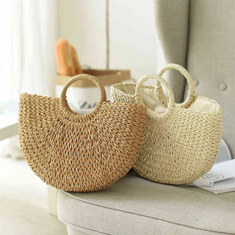 Summer Handmade Bags for Women Beach Weaving Ladies Straw Bag Wrapped Beach Bag Moon shaped Top Handle Handbags Totes X220331