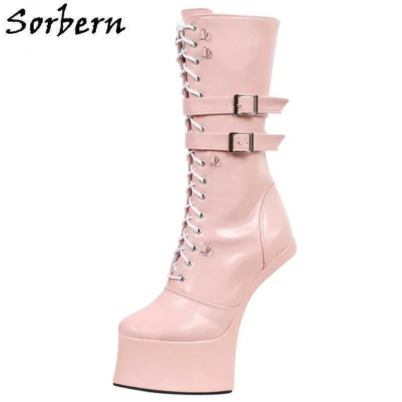 Sorbern 이국적인 레이스 업 말 구두 Mid Calf Boot Multi Colors Heelless Fetish Play 재미있는 부츠 더블 스트랩 사용자 정의 색상