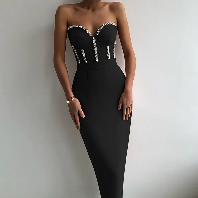 Sexiga Strapless Women Dress Bandage Bodycon Elegant Beading Party Evening Club Midi Klänningar Sommar Höstkläder 220418