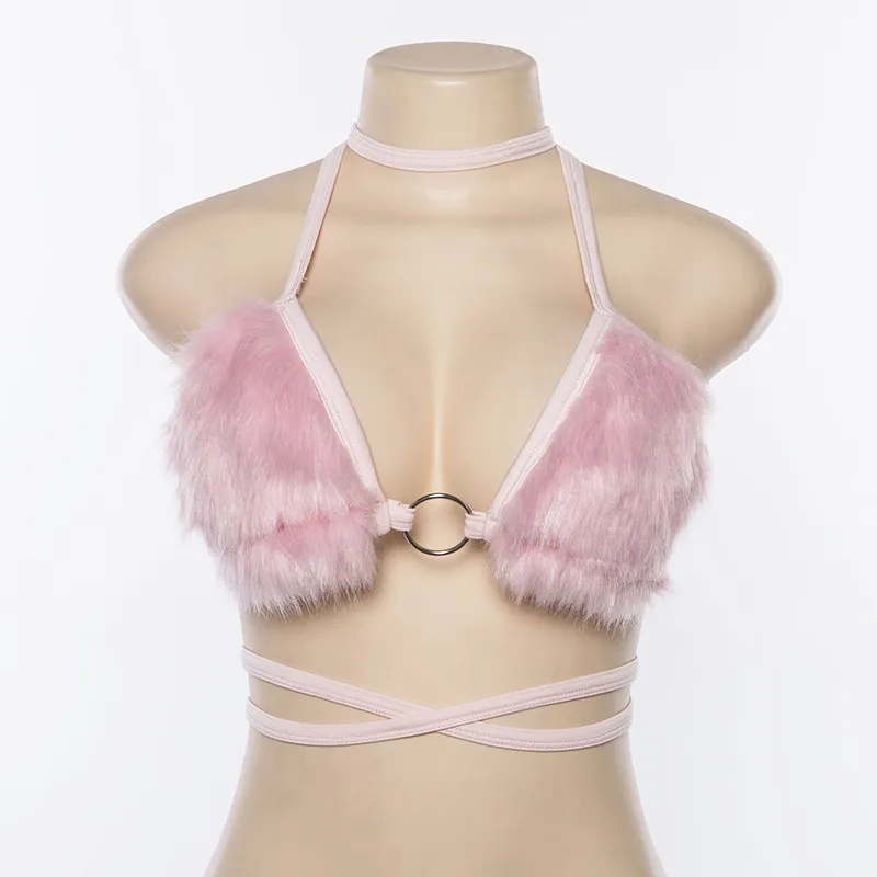 Puszysty Faux Fur Pink Bra Crop Top Sexy Festival Rave Halter Top Party Club Summer Beach Bandage Bandage Bralette Camis 220519