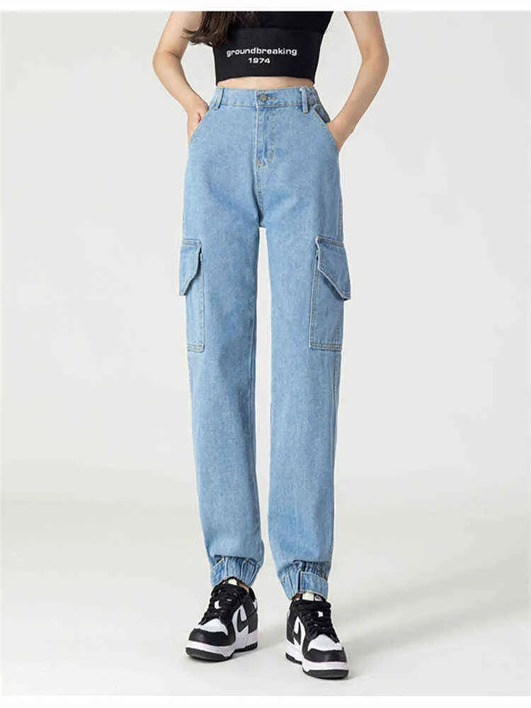 Wysokie pasmo robocze niebieskie dżinsy damskie wiosna lato nowa elastyczna talia luźne szorszowe spodnie haremowe dziewięciopunktowe dżinsowe spodnie Kobieta L220726