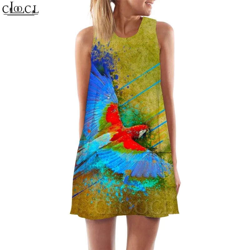 Dames tanktop jurk mooie macaw 3d patroon papegaai bedrukte jurk kort feest vrouwelijk vest casual mouwloze jurk w220616
