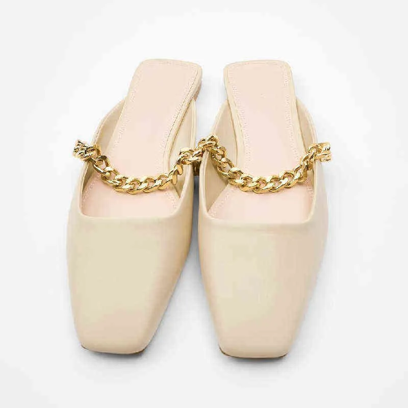 Slippels strand dia's dames nieuwe Franse stijl metalen ketting baotou sandaal platte schoenen dragen zachtjes muller halve dweil buiten flip flops 220523