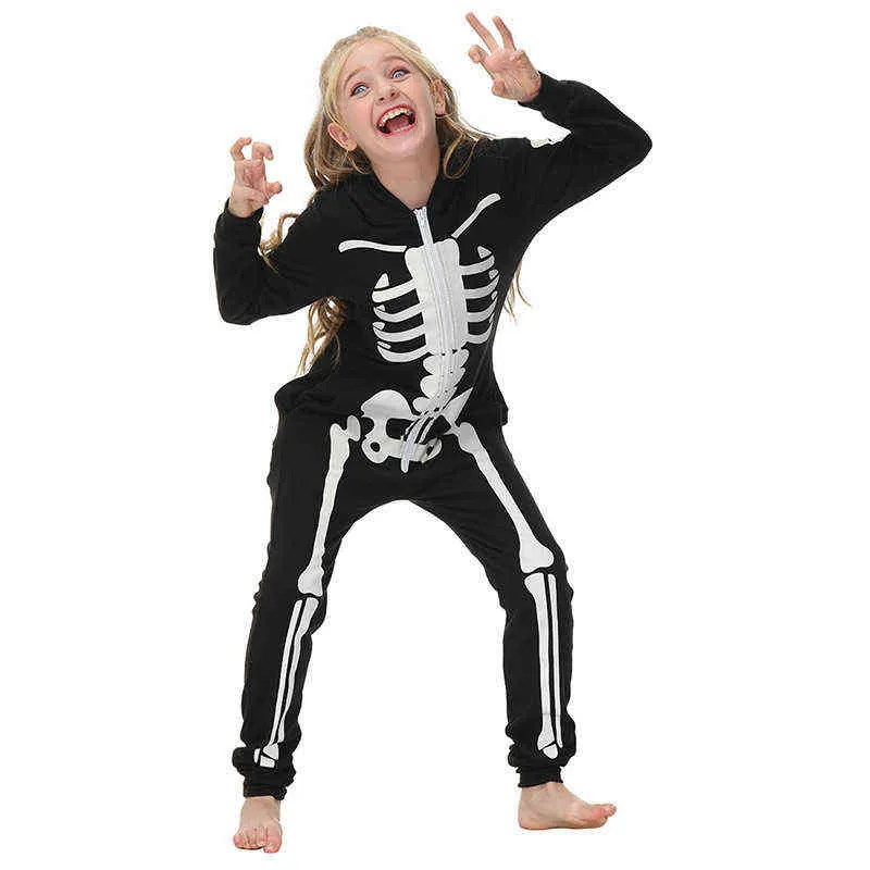 Squelette effrayant familial Halloween costume adultes enfants Horreur crâne à saut à capuche Faisie fantaisie hommes Famille Pyjama Carnaval Party AA227493860