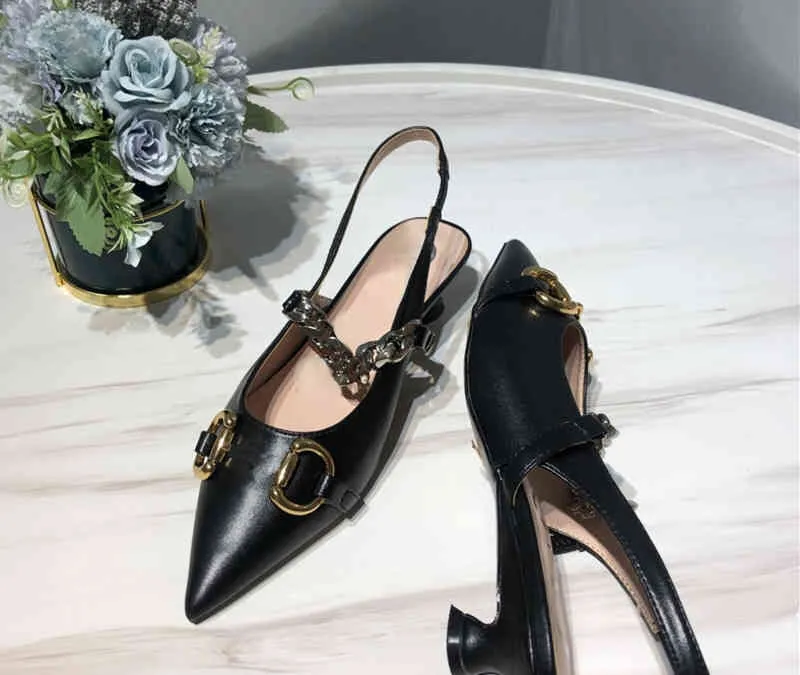 Baotou sandals fairy style flat bottom chain straight belt summer style Horse Street buckle pointed shoes