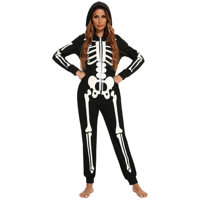 Esqueleto assustador família halloween traje adultos crianças horror crânio macacão com capuz fantasia mulheres homens família pijama carnaval festa aa228511443