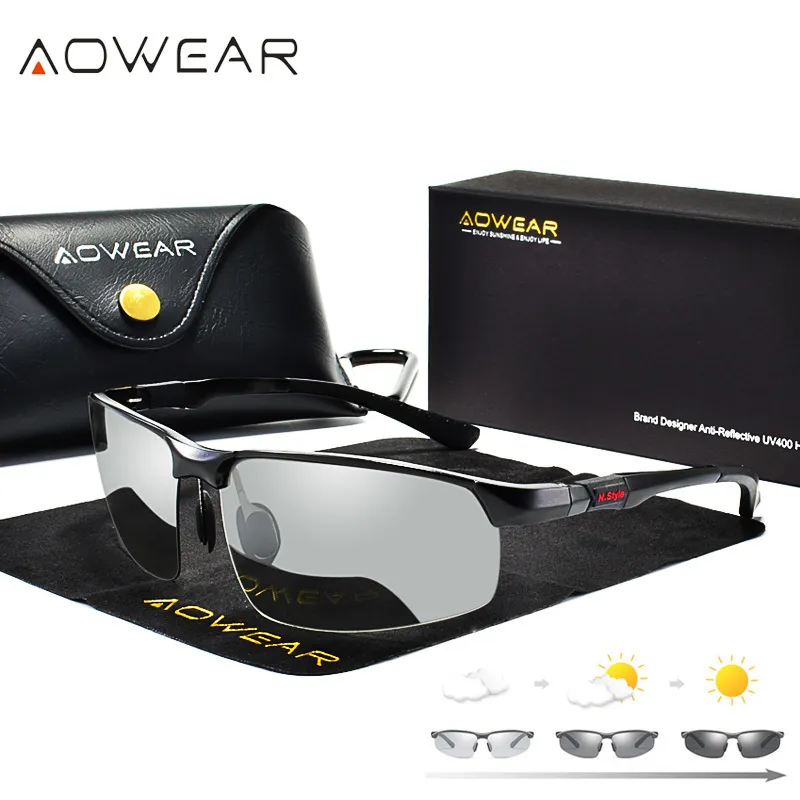 AOWEAR Pochromic Sunglasses Men Polarized Day Night Driving Glasses High Quality Aluminium Rimless Chameleon Eyewear Gafas 220526