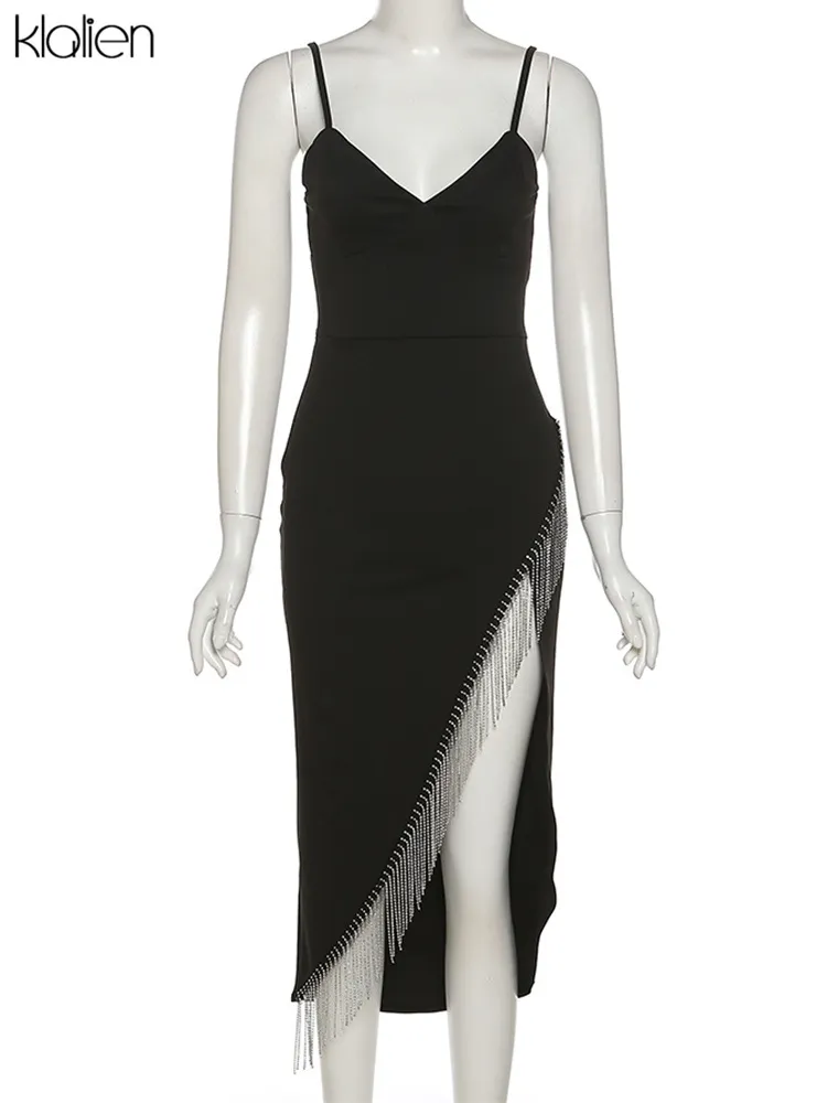 Klalien Fashion Elegant Senior Party Long Dress Women's Solid Slim Diamond Tassel Riem Maxi Jurken Female Club Night Vacation 220505