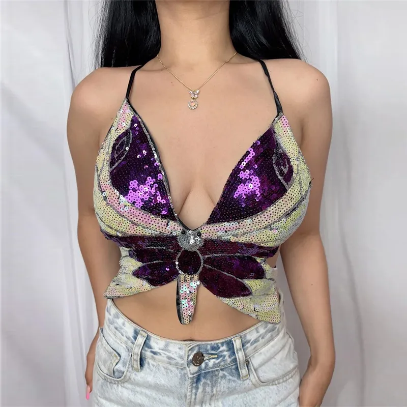 Y2K Cekiny Butterfly Halter Top Kobiety Stroje Kostiumowe Lato Backless V Neck Wyściełany Klub Festiwal Przychwyty Seksowne Crop Topy 220325