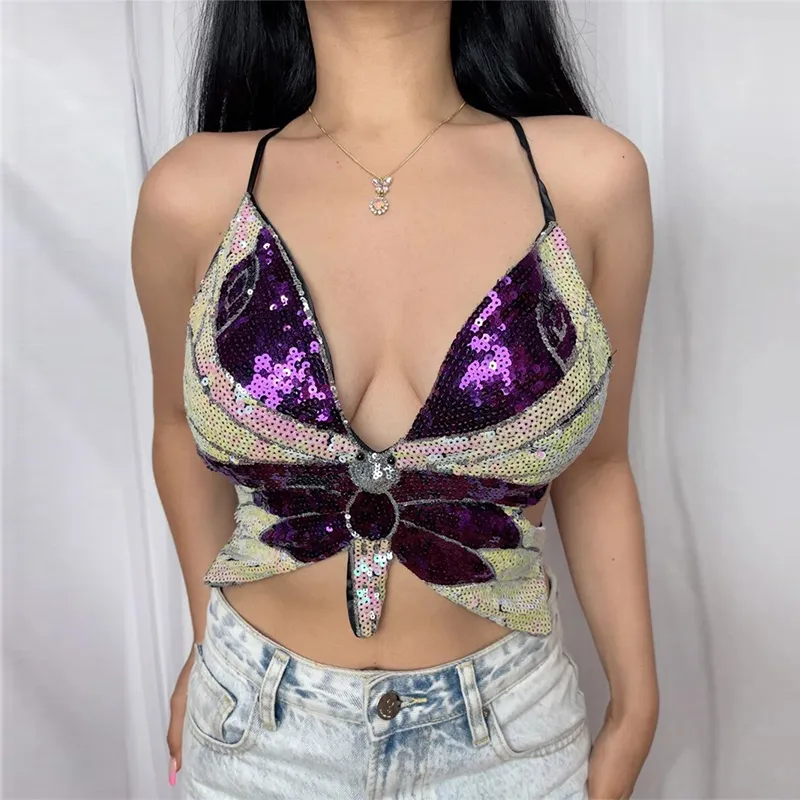 Y2K Sequin Butterfly Halter Top Vrouwen Kostuum Outfits Zomer Backless V-nek Pegded Club Festival Raves Sexy Crop Tops 220325