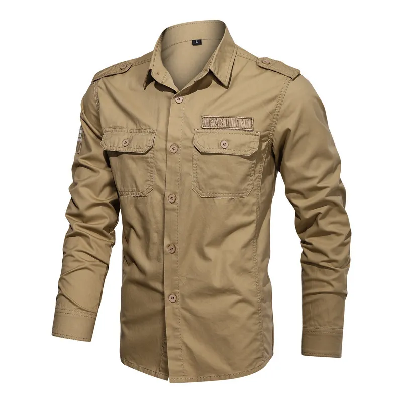 군사 셔츠 남자 긴 소매 100 % 코 튼 육군 녹색 망 셔츠 봄 가을 고품질 Camiseta Masculina 남성 의류 220401