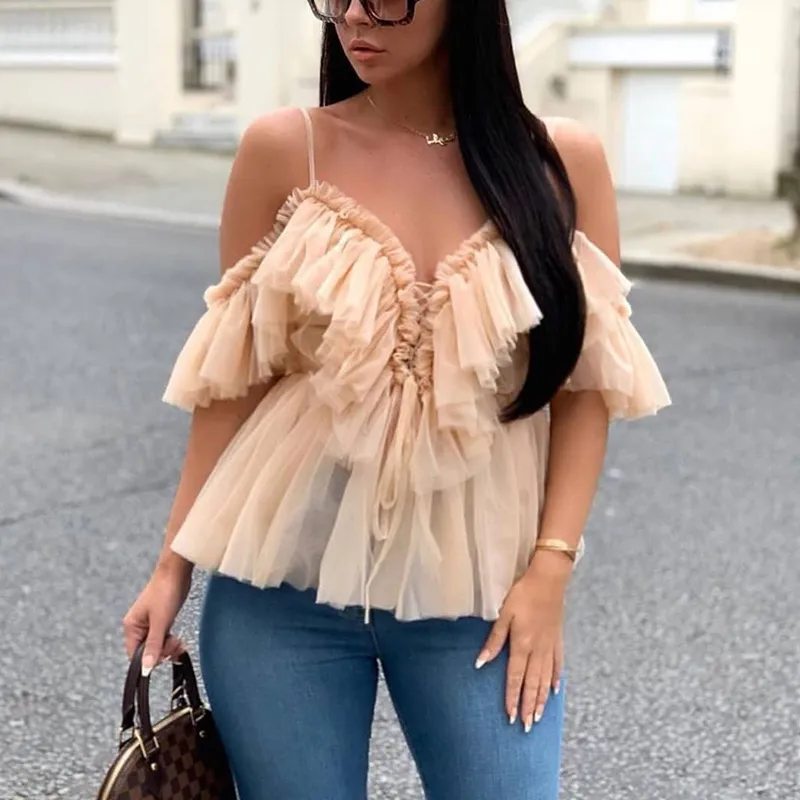 Fanco Vintage ruffle Summer Women Shirt Off Shoulder Sexy Peplum Top Female Mesh rygglös feminin blus Blusas CX220330