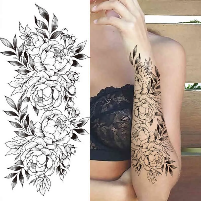 NXY Temporary Tattoo Flower s for Women Lady Girl Fake Dahlia Black Rose Peony Realistic Stickers Forearm Tatoo Transfer 0330