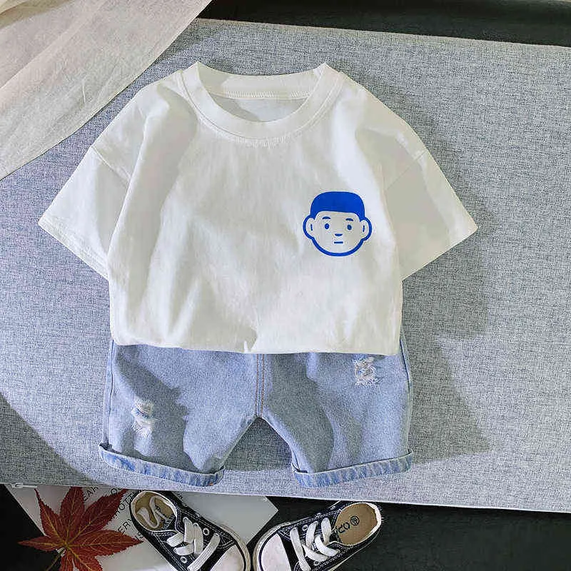 Sommar nyfödda pojkar flickor kläder kläder set pullover lös t-shirt denim shorts kostymer för baby 1: a födelsedagskläder set g220509