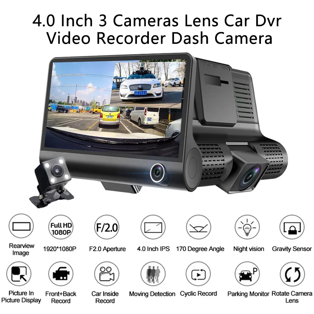 4'' Three-way Car DVR Camera Three Lens Video Registrator Dash Cam Video Recorder G-sensor Auto Dashcam Driving Recorder