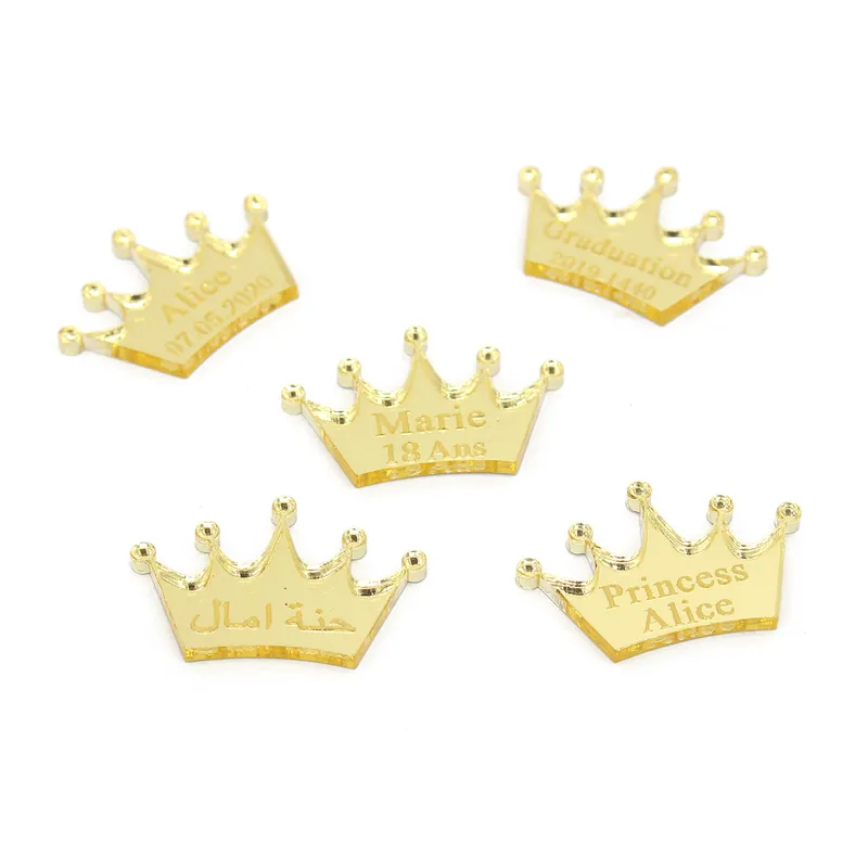 30/50/Personalized Mirror Crown Wedding Tags Table Center Decor Card Acrylic Baby Name Sign Party Favors Laser Cut Gift 0614