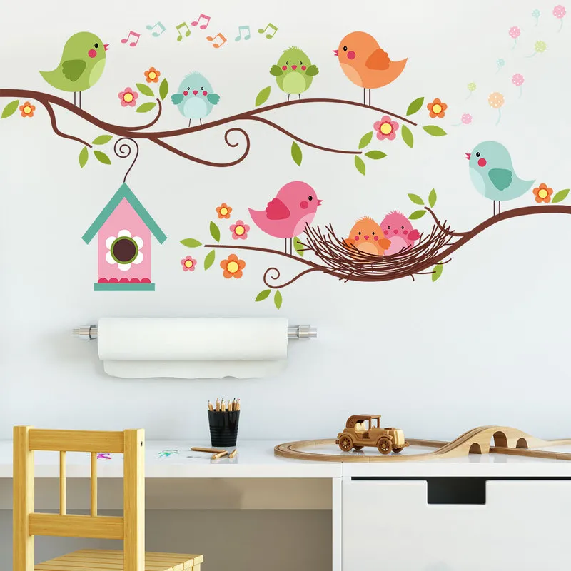 Branches oiseaux petite maison nid d’oiseau Stickers muraux enfants chambre étude décoration 220607