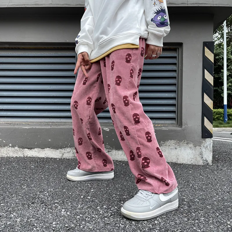 Preppy Style Skull Full Print Drawstring Casual Corduroy Men Baggy Pants Hip Hop Straight Sweatpants Man Loose Trousers 220721