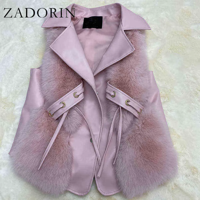 Zadorin Nowy luksusowa kamizelka sztucznego futra kobiety Odrzucają kołnierz faux skórzaną patchwork przycięty faux futra różowa biała kurtka T220716