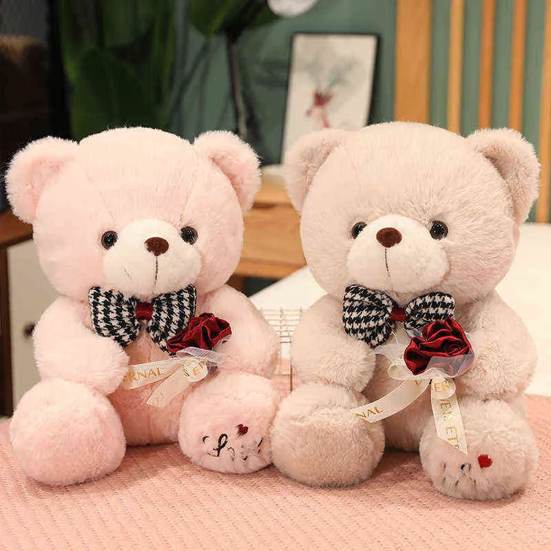 Cm Kawaii Teddybär Plüschpuppen Liebeskissen Fliege Rosenbären Kuschelig Gefüllt Für Hochzeit Dekor Geschenk Paar Mädchen J220704