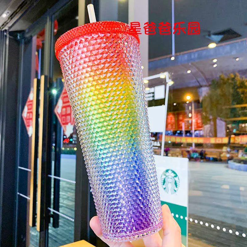 Starbucks Durian Cup Rainbow Flash Diamond Kleurrijke Plastic Strobop Grote Capaciteit Tropische resistente Sport Drinkbeker