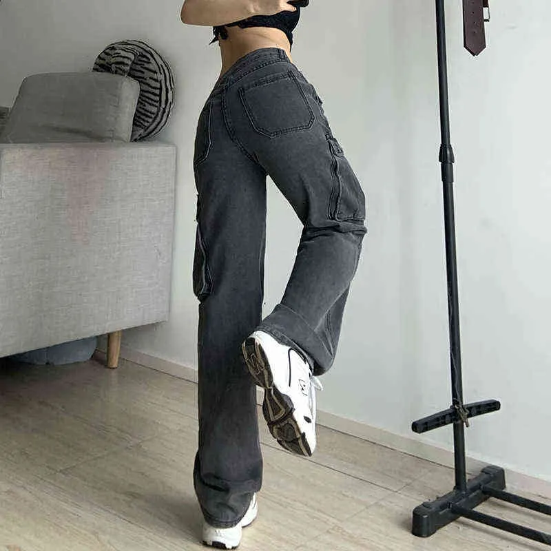 Casual vrouwen y2k vracht jeans grote zakken rechte joggingbroek bodems vintage high taille hippie broek baggy jeans nieuwe Korean L220726