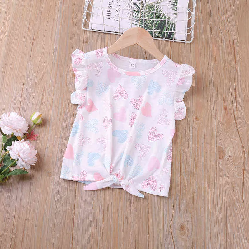 2022 Summer Flying Sleeves Heart-Shaped Print+Shorts Girl Sets Children's Clothing Kid Clothes Casual Clothes G220509