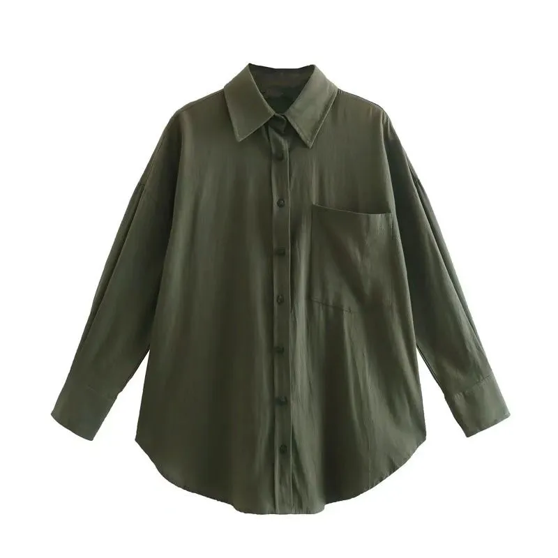 PBZASpring женская универсальная льняная рубашка на пуговицах с длинными рукавами и лацканами спереди с накладными карманами по бокам 220725