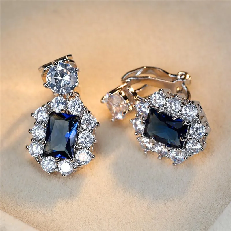 Clip-on & Screw Back Luxury Female Crystal Green Clip Earrings Charm Rose Gold Silver For Women Blue Red Zircon Stone Wedding263G