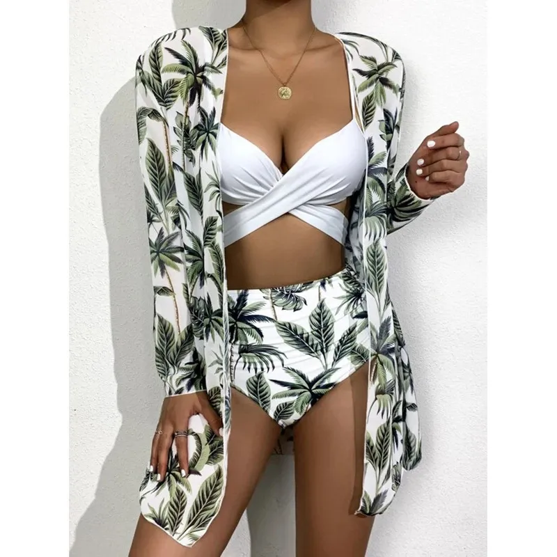 Hohe Taille 3 Stück Bikini Set mit Cover Up Badeanzug Frauen Print Langarm Badeanzug Beachwear Schwimmen Biquini 220408