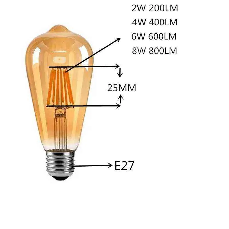 ST64 LED 2W 4W 6W 8W 10W 12W Bulbo de filamento de ouro diminuído E27 B22 Luz 220V 110V Vintage Edison Lamp Retro Gold Glass Aparência H220428