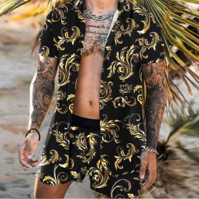 Summer Men Street Trend Hip Hop Manica corta Due pezzi Fiori casual Camicia stampata 3D Hawaii Beach Fashion Suit s-3XL X220714
