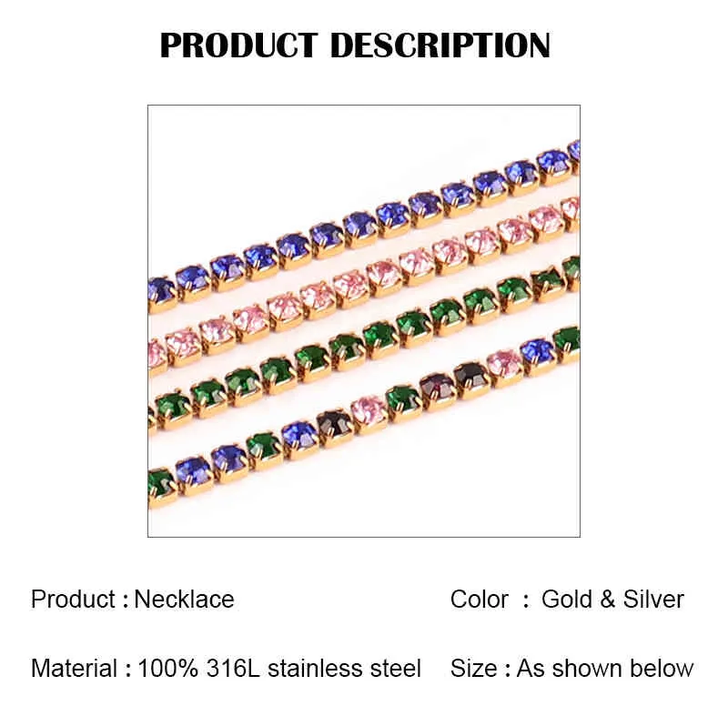 Gothic 4Mm Tennis Chain Stainless Steel Necklace For Women Jewelry Men Hip Hop Necklaces Colorful Zircon Necklace Choker Necklace
