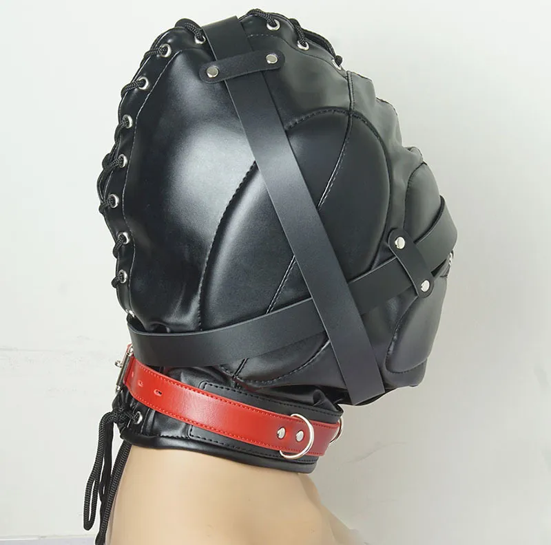 Bondage Full Hood Mask, BDSM juguetes sexy para parejas, arnés de cuero esclavo acolchado GIMP, consolador / anillo / bola GAG Vendfrold