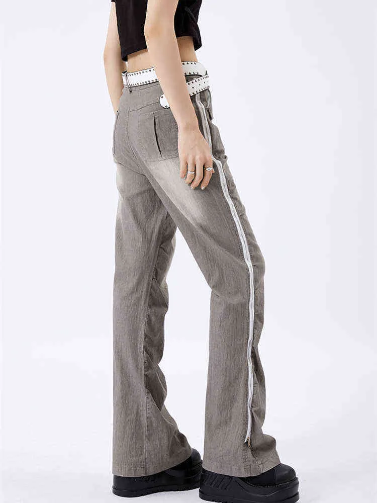 Jeans grigi con cerniera pieghettata antiquata Pantaloni larghi a gamba larga slim dritti a vita alta da donna retrò americani sottili T220728