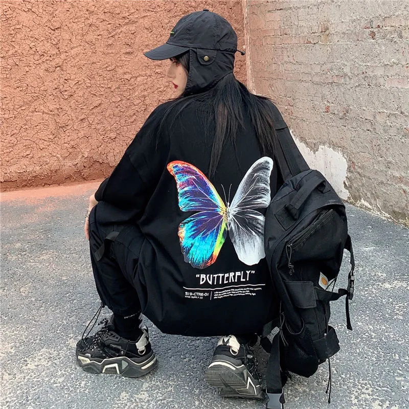 Papillon noir Hip Hop surdimensionné T-shirt femmes Cool Streetwear Harajuku T-shirt à manches courtes adolescents filles coton lâche grande taille 220511