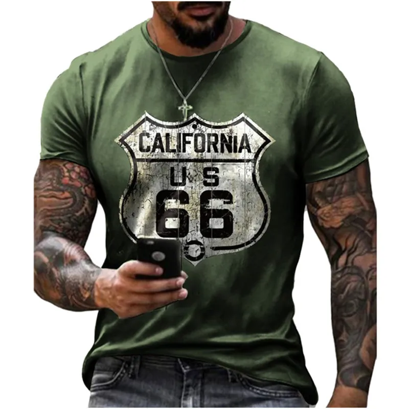 Mode Vintage 3D Imprimer Hommes T-shirts Été US Route 66 Lettres Unisexe Vêtements O Col Casual Rue Lâche Surdimensionné T-shirt 220607