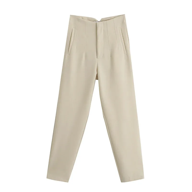 TRAF女性白パンツの夏のズボンベージュハイウエストピンクのオフィスズボンファッションボタンアップブラックパンツ220325