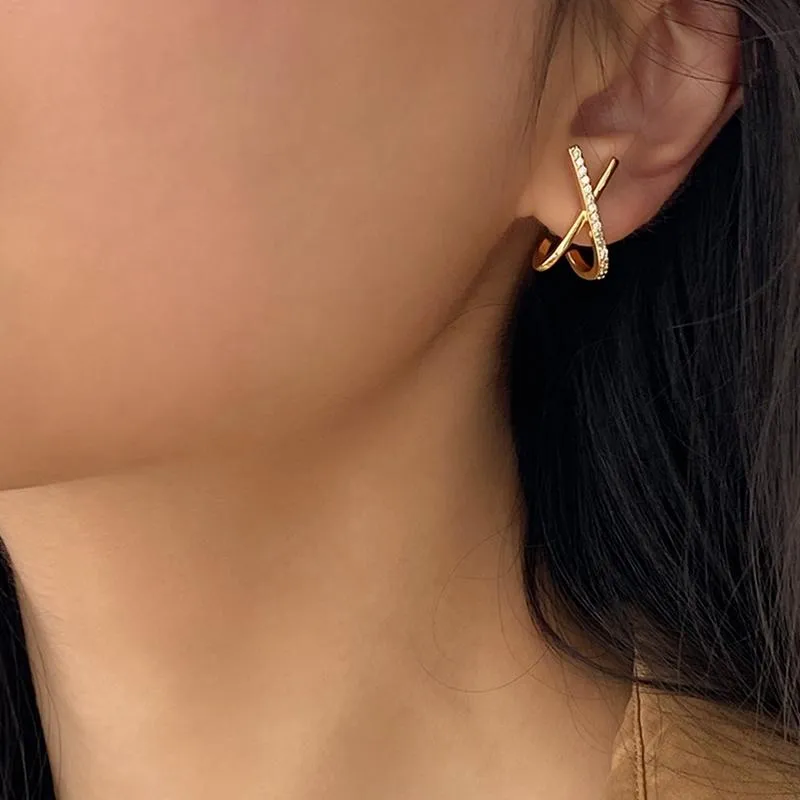 Stud MENGJIQIAO Koreanische Mode Design Metall Kreuz X-förmigen Gold Farbe Ohrringe Für Frauen Zarte Zirkon Pendientes Schmuck Moni22246f