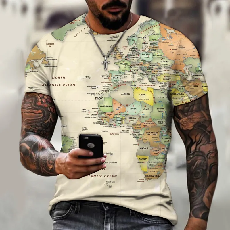 Hommes t-shirts 3D carte du monde graphique t-shirt tous les jours décontracté hauts été mode à manches courtes haute rue ONeck Streetwear 220704
