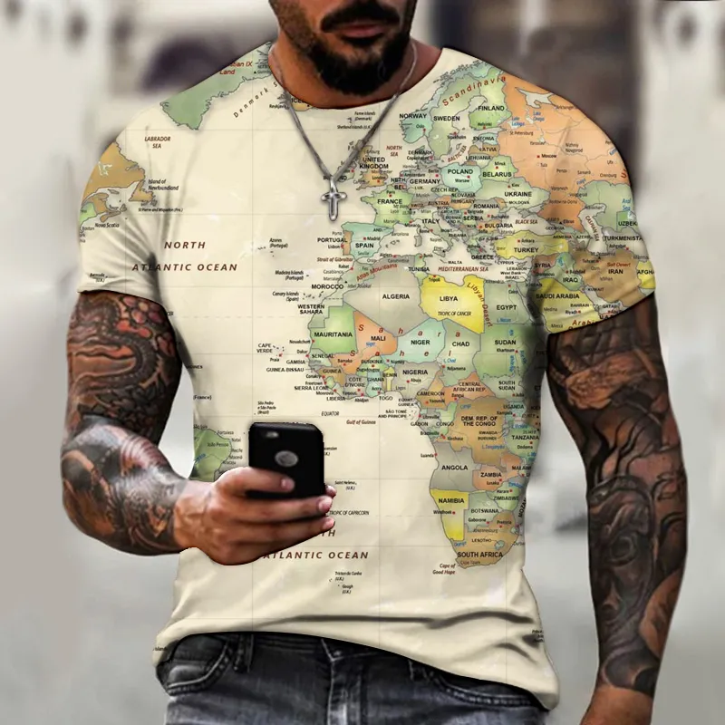 Magliette da uomo Maglietta grafica con mappa del mondo 3D Maglietta casual da tutti i giorni Moda estiva Manica corta High Street ONeck Streetwear 220704