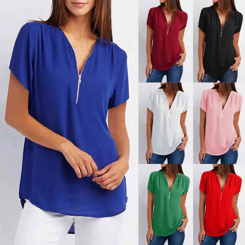 5xl plus stora kvinnors blusar 2020 Summer Zipper Solid Blue Harajuku Shirt Ladies V Neck Loose Tunic Blouse Top L220705