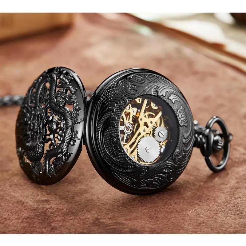 Zakhorloges Luxe zilveren mechanisch horloge Draak Lasergegraveerde klok Dierenketting Hanger Handopwinding Mannen Fob-ketting Thun2166O
