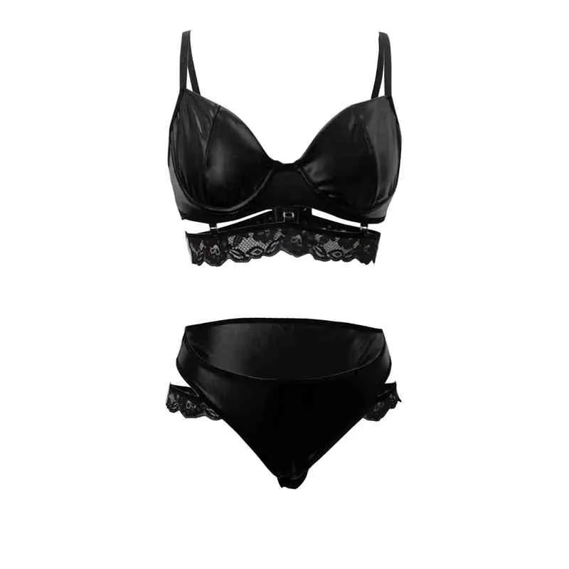 Lenceria Femmes Intimates Brace Lingerie Set Two Piece en acier Pu Cuir Contrast Lace Under Lingerie Set Come Erotic L220727